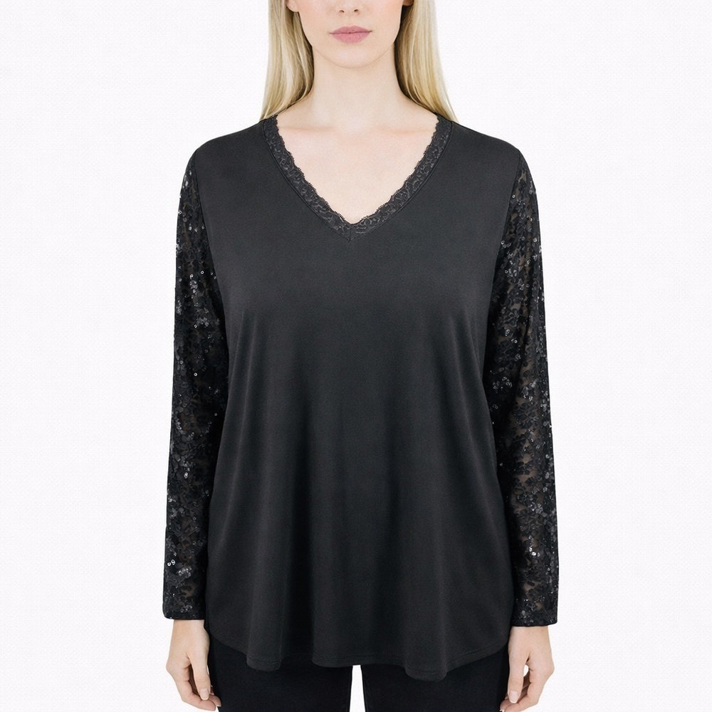 Susan Graver Black Tunic Shirt Sheer Lace Sleeves Romantic Boho Slinky Size 1X - Picture 1 of 9